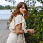 Ecru Undyed Crinkled Cotton Flax Butterfly Sleeves Crop Top