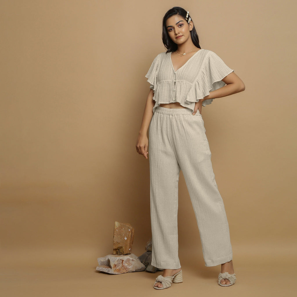Ecru Undyed Crinkled Cotton Flax Butterfly Sleeves Crop Top