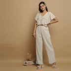 Ecru Undyed Crinkled Cotton Flax Butterfly Sleeves Crop Top