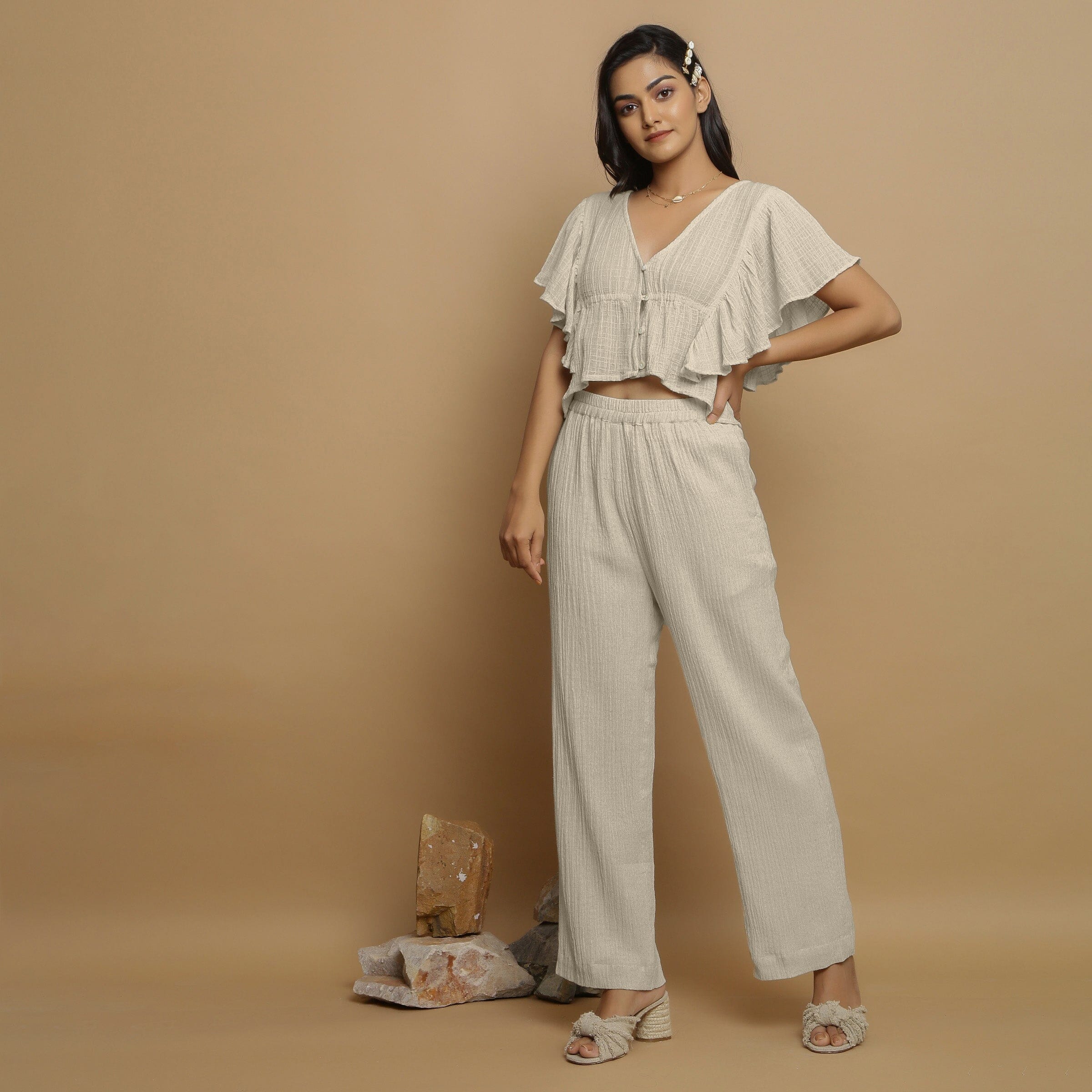 Ecru Undyed Crinkled Cotton Flax Butterfly Sleeves Crop Top