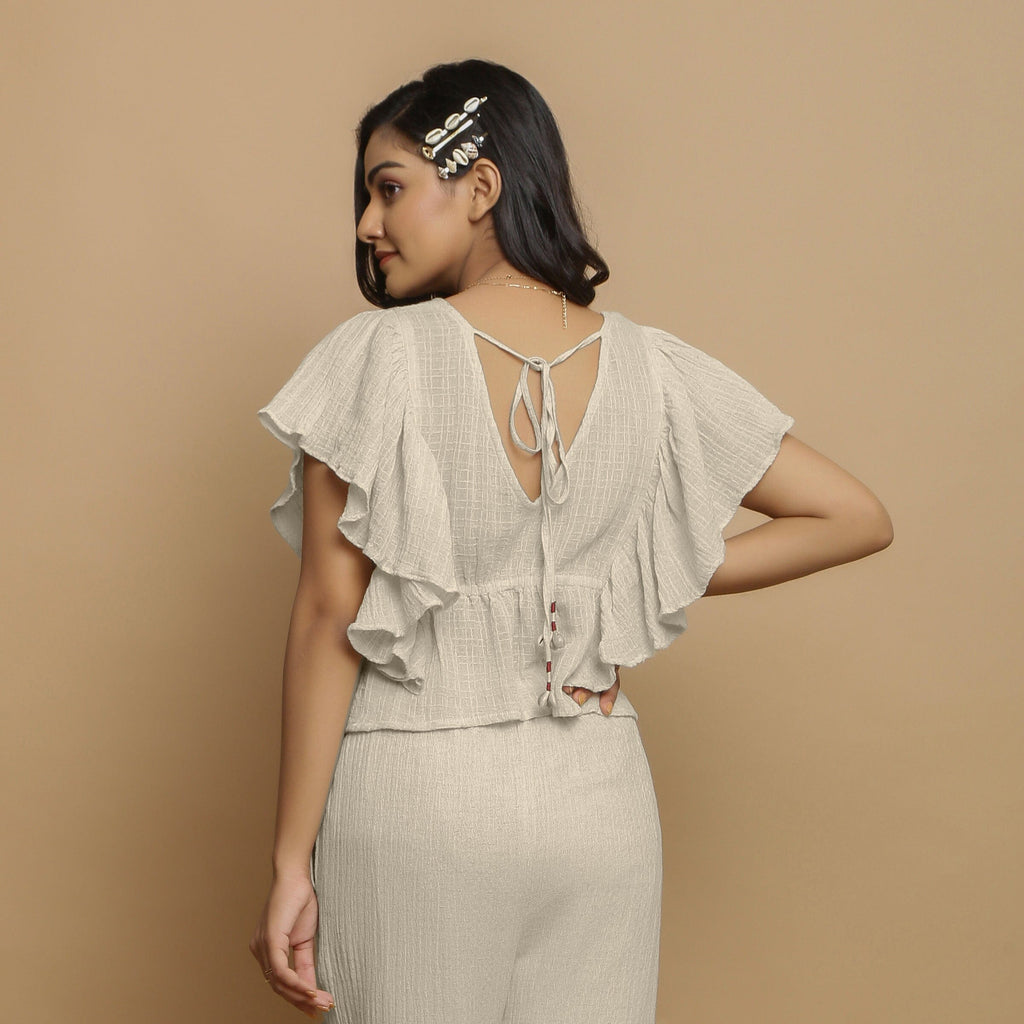 Ecru Undyed Crinkled Cotton Flax Butterfly Sleeves Crop Top