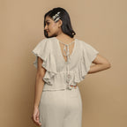Ecru Undyed Crinkled Cotton Flax Butterfly Sleeves Crop Top