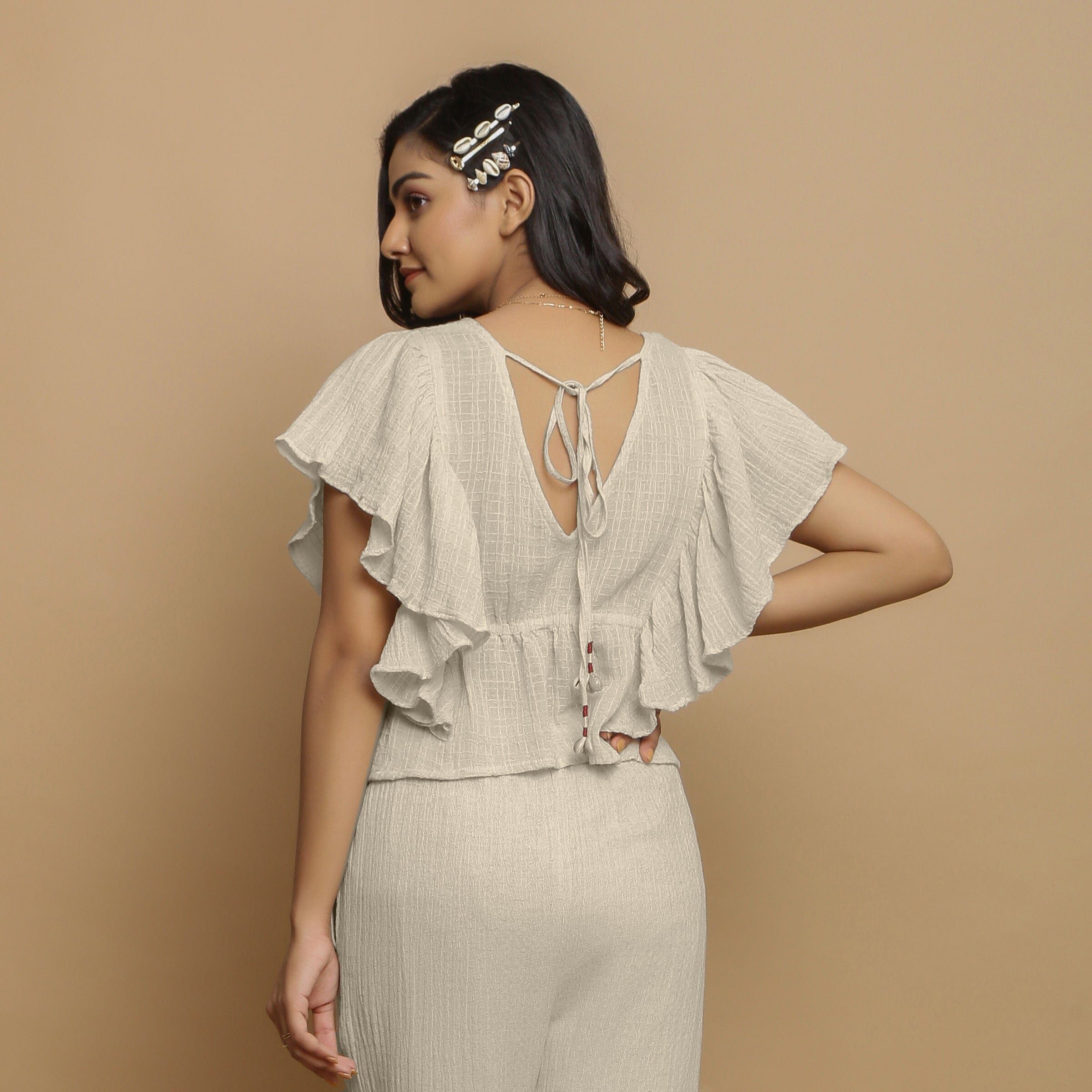 Ecru Undyed Crinkled Cotton Flax Butterfly Sleeves Crop Top