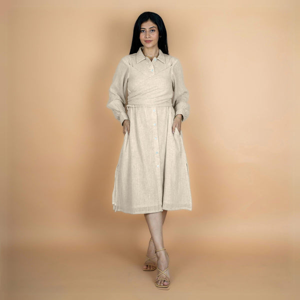 Ecru Undyed Crinkled Cotton Flax Button-Down Midi Wrap Dress