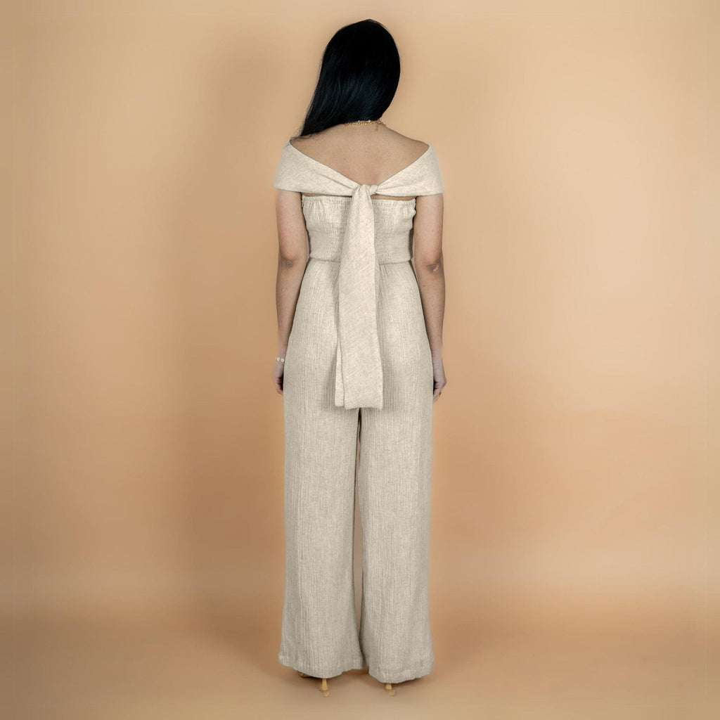 Ecru Undyed Crinkled Cotton Flax Flared Off-Shoulder Sleeveless Jumpsuit