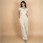 Ecru Undyed Crinkled Cotton Flax Flared Off-Shoulder Sleeveless Jumpsuit