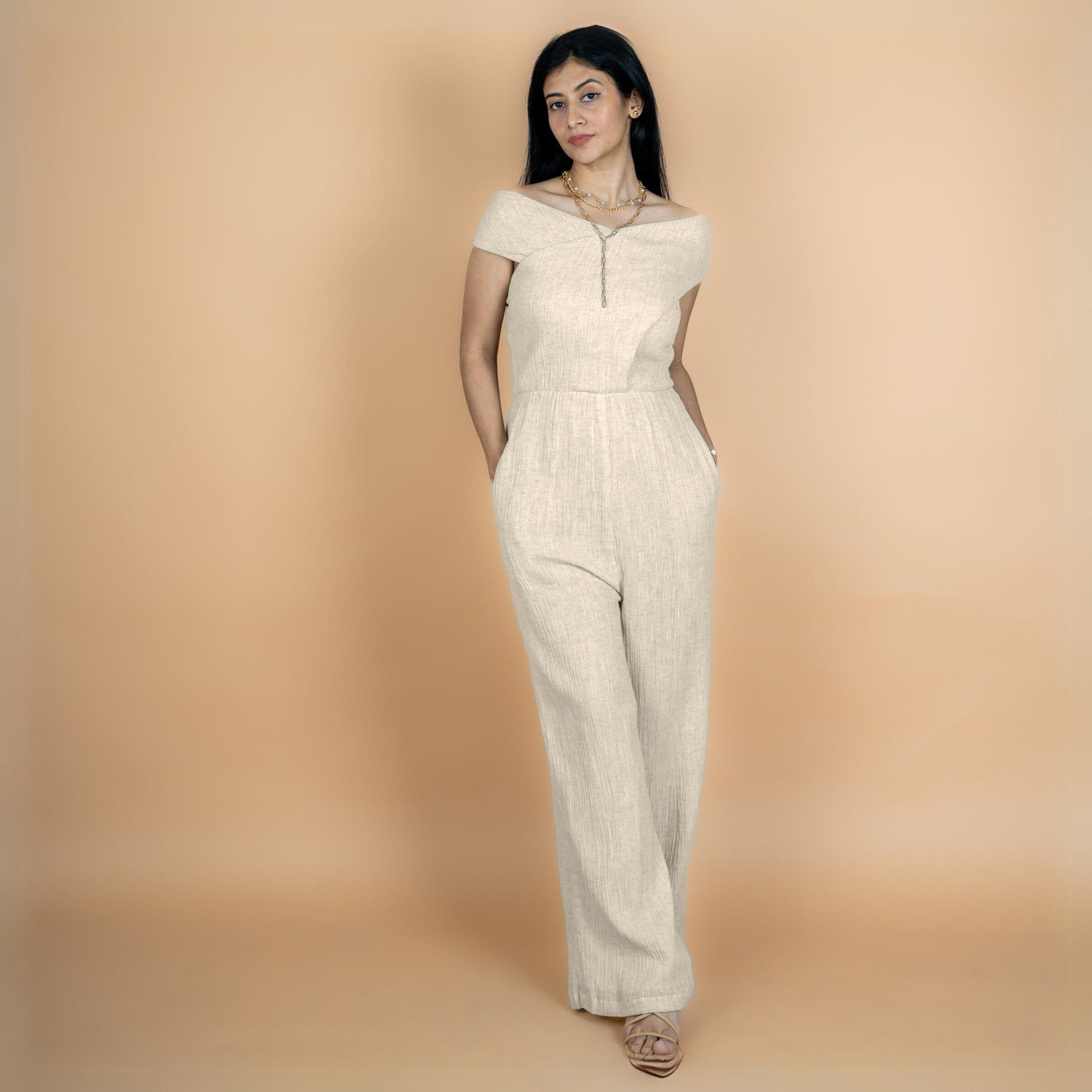 Ecru Undyed Crinkled Cotton Flax Flared Off-Shoulder Sleeveless Jumpsuit