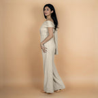 Ecru Undyed Crinkled Cotton Flax Flared Off-Shoulder Sleeveless Jumpsuit