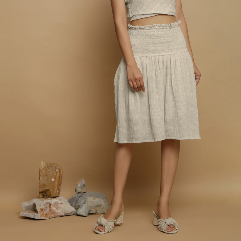 Ecru Undyed Crinkled Cotton Flax Frilled Knee Length Skirt