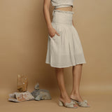 Ecru Undyed Crinkled Cotton Flax Frilled Knee Length Skirt