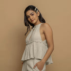 Ecru Undyed Crinkled Cotton Flax Halter Neck Flared Top