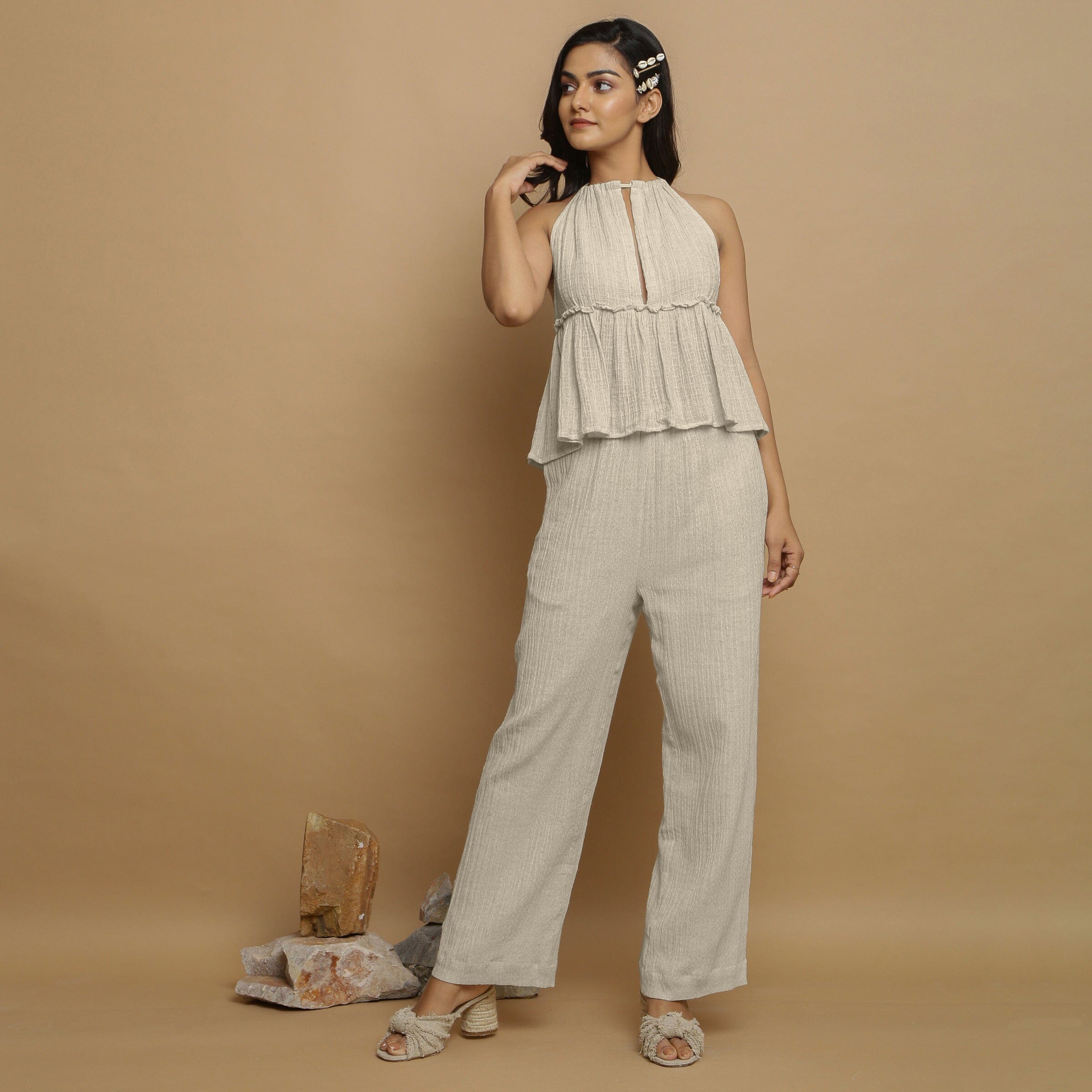 Ecru Undyed Crinkled Cotton Flax Halter Neck Flared Top