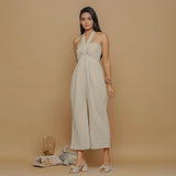 Ecru Undyed Crinkled Cotton Flax High-Rise Jumpsuit