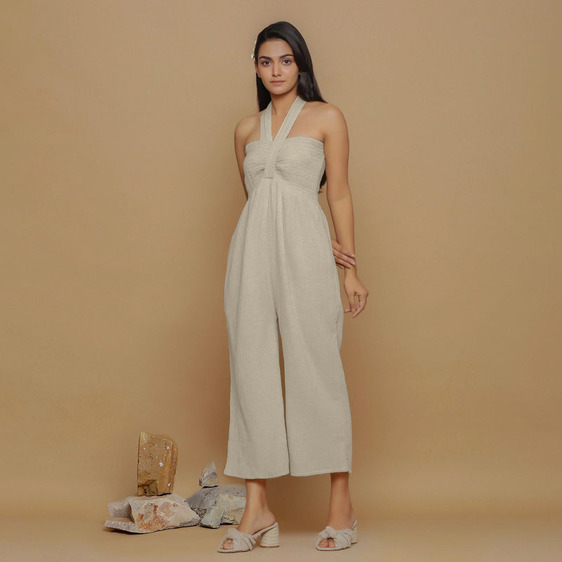 Ecru Undyed Crinkled Cotton Flax High-Rise Jumpsuit