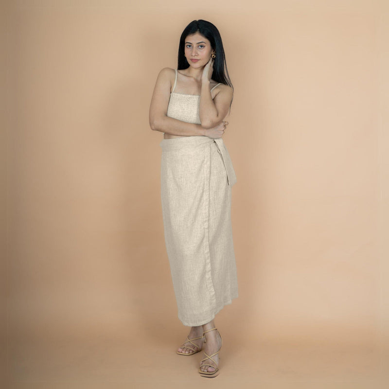 Ecru Undyed Crinkled Cotton Flax High-Rise Maxi Wrap Skirt