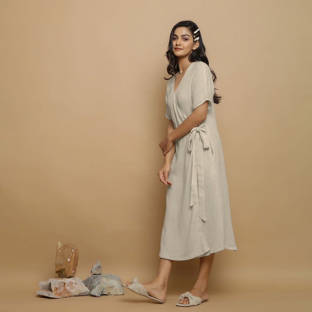Ecru Undyed Crinkled Cotton Flax V-Neck Maxi Wrap Dress