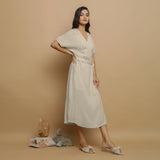 Ecru Undyed Crinkled Cotton Flax V-Neck Maxi Wrap Dress