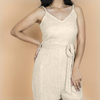 Ecru Undyed Crinkled Cotton Flax V-Neck Strap Sleeve Jumpsuit