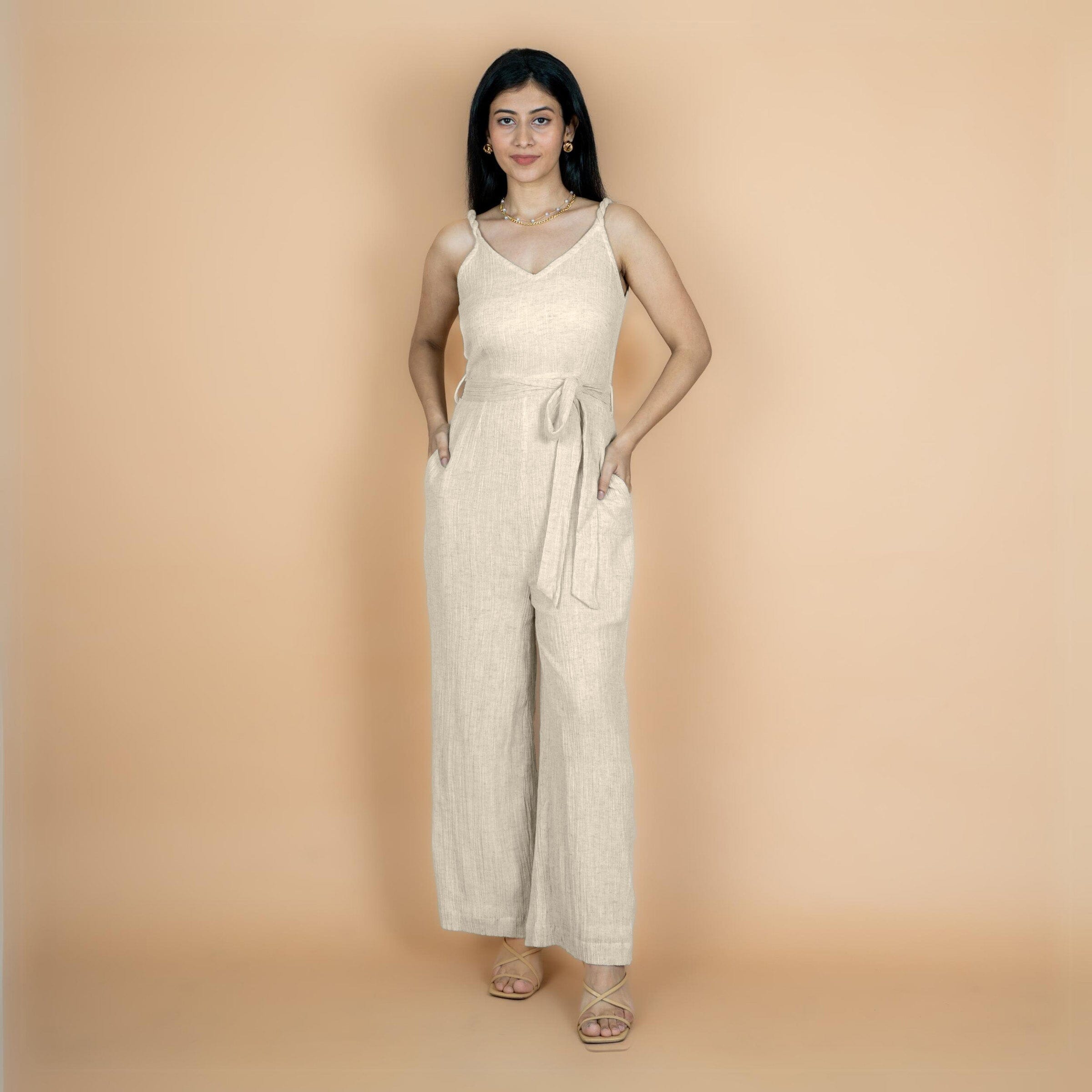 Ecru Undyed Crinkled Cotton Flax V-Neck Strap Sleeve Jumpsuit