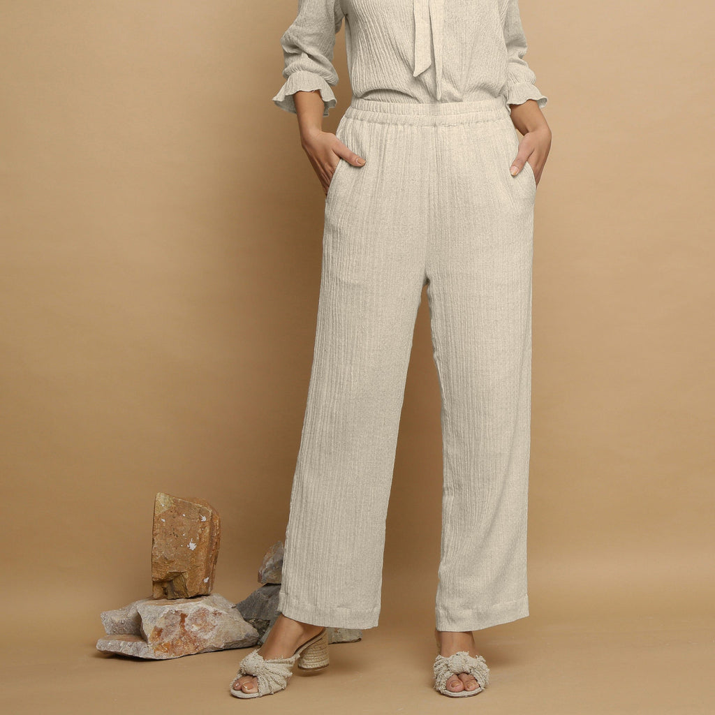 Ecru Undyed Crinkled Cotton Flax Mid-Rise Elasticated Pant