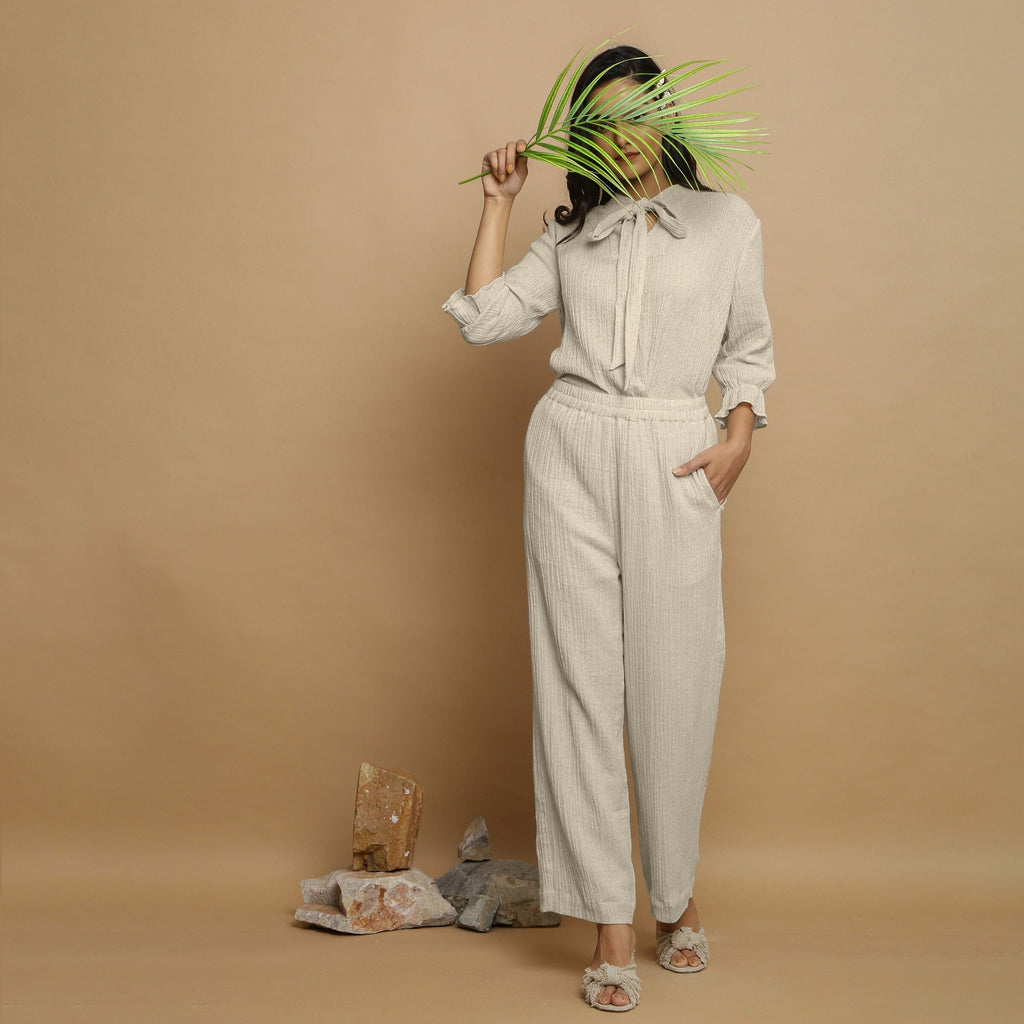 Ecru Undyed Crinkled Cotton Flax Mid-Rise Elasticated Pant