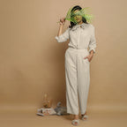 Ecru Undyed Crinkled Cotton Flax Mid-Rise Elasticated Pant