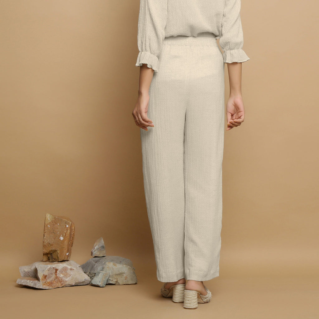 Ecru Undyed Crinkled Cotton Flax Mid-Rise Elasticated Pant