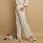 Ecru Undyed Crinkled Cotton Flax Mid-Rise Elasticated Pant