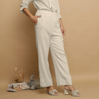 Ecru Undyed Crinkled Cotton Flax Mid-Rise Elasticated Pant