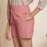 Left View of a Model wearing English Rose Cotton Flannel High-Rise Shorts