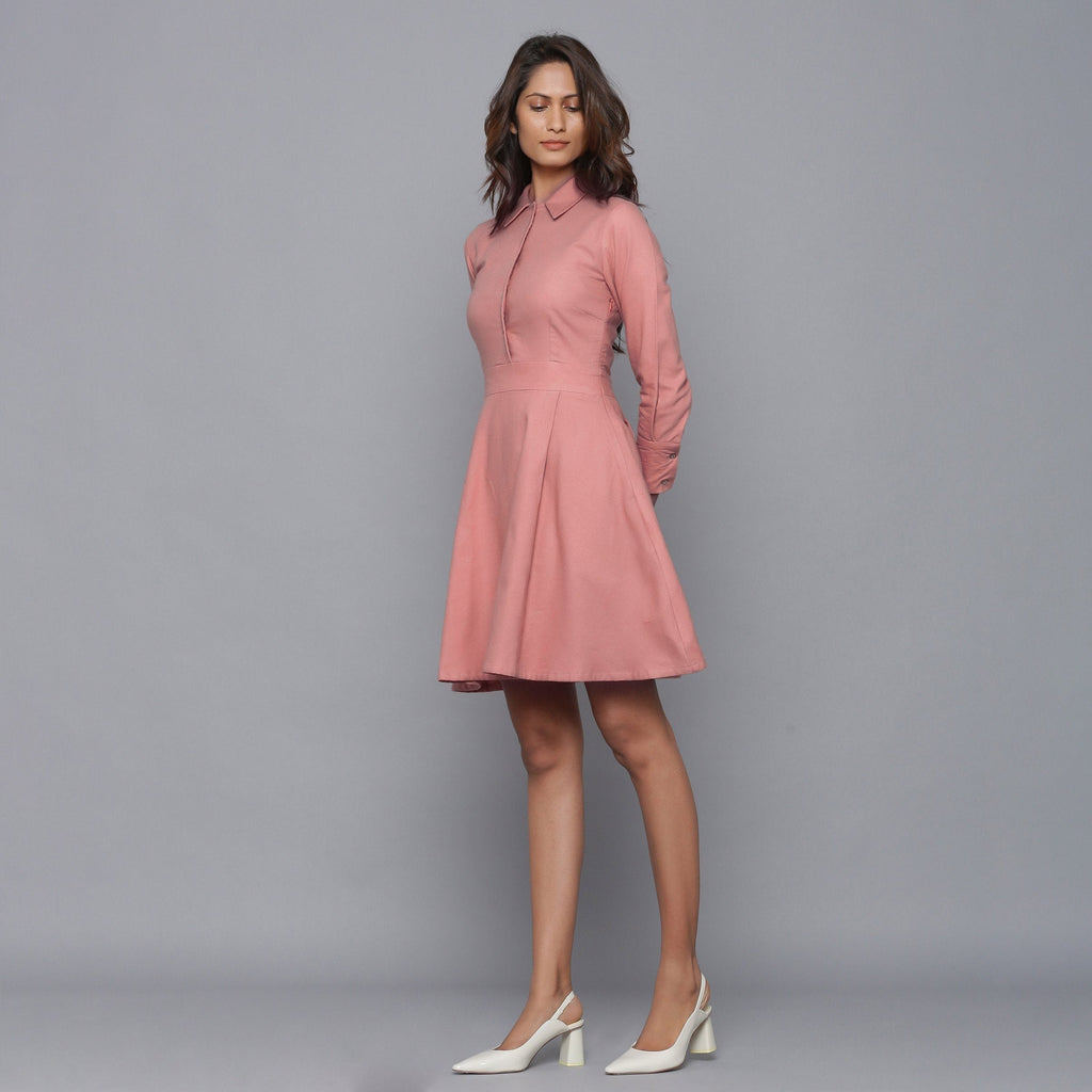 Left View of a Model wearing English Rose Button-Down Flannel Dress