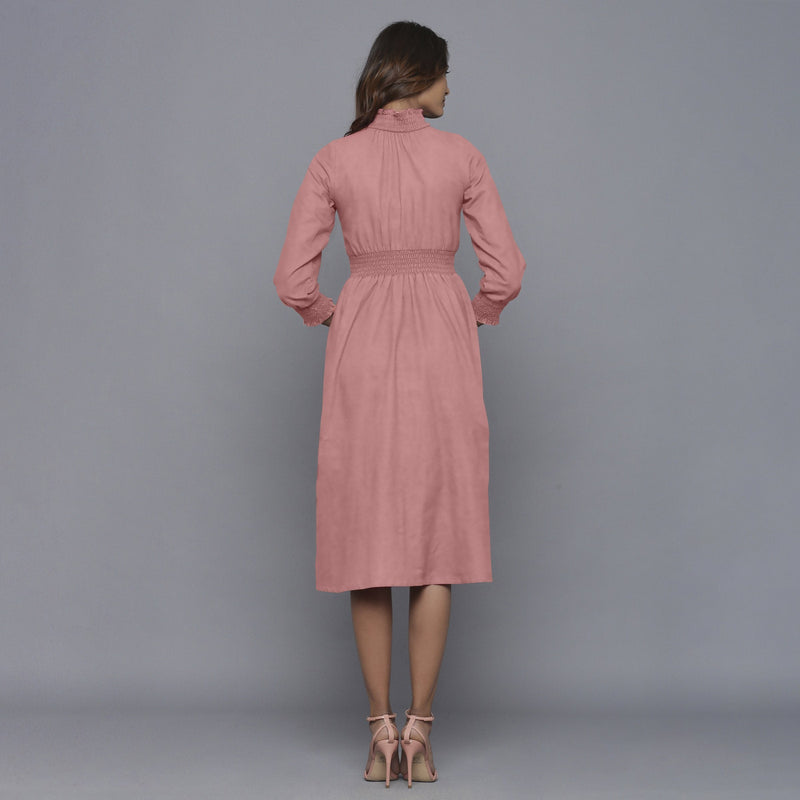 Back View of a Model wearing English Rose Flannel High Neck Midi Dress