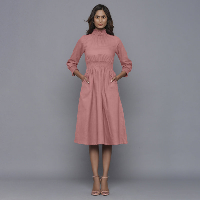 Front View of a Model wearing English Rose Flannel High Neck Midi Dress