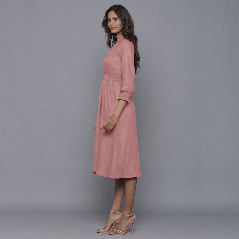 Left View of a Model wearing English Rose Flannel High Neck Midi Dress