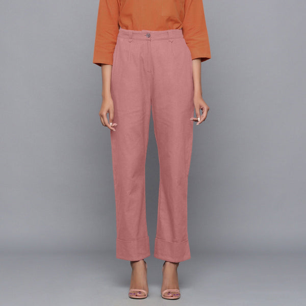 Front View of a Model Wearing English Rose Flannel Rolled-Up Straight Pant