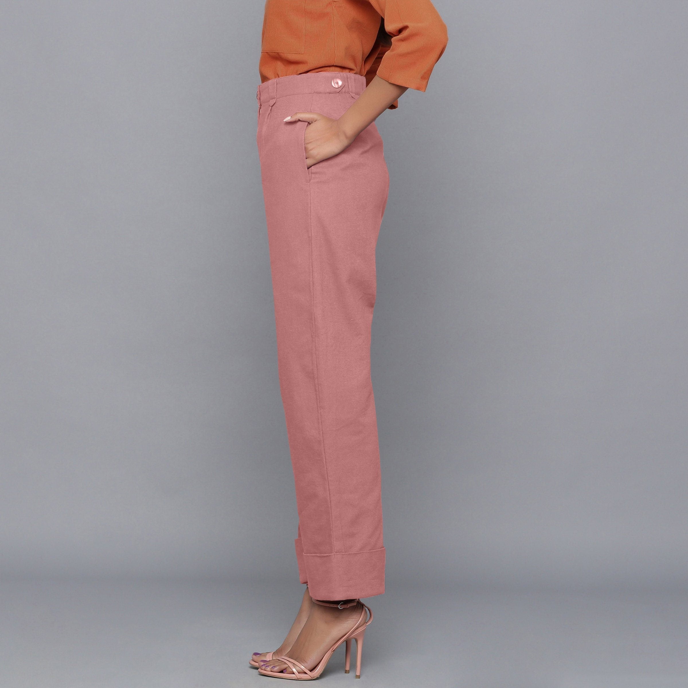 Left View of a Model Wearing English Rose Flannel Rolled-Up Straight Pant