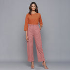 Front View of a Model Wearing English Rose Flannel Rolled-Up Straight Pant
