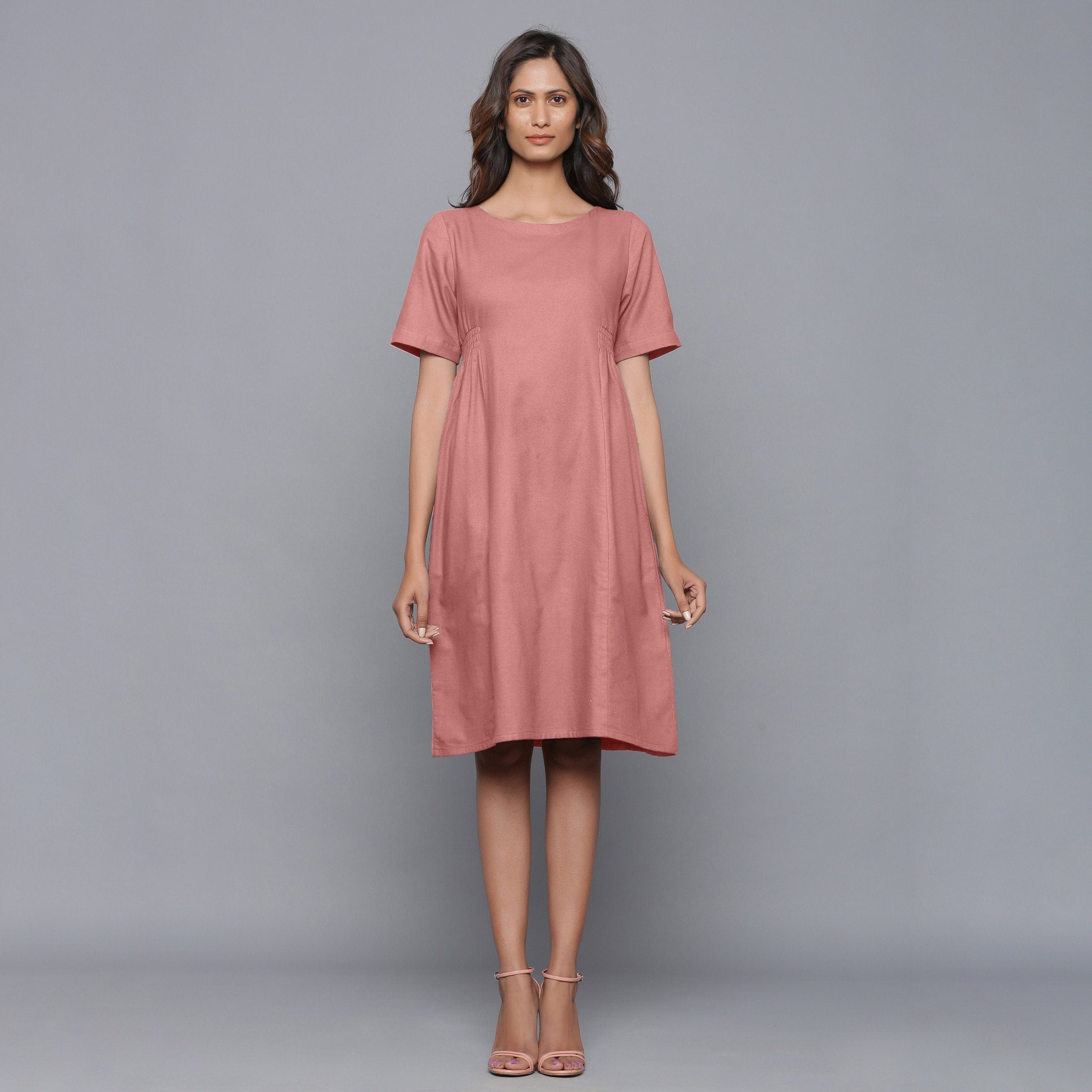 Front View of a Model wearing English Rose Paneled Cotton Flannel Dress
