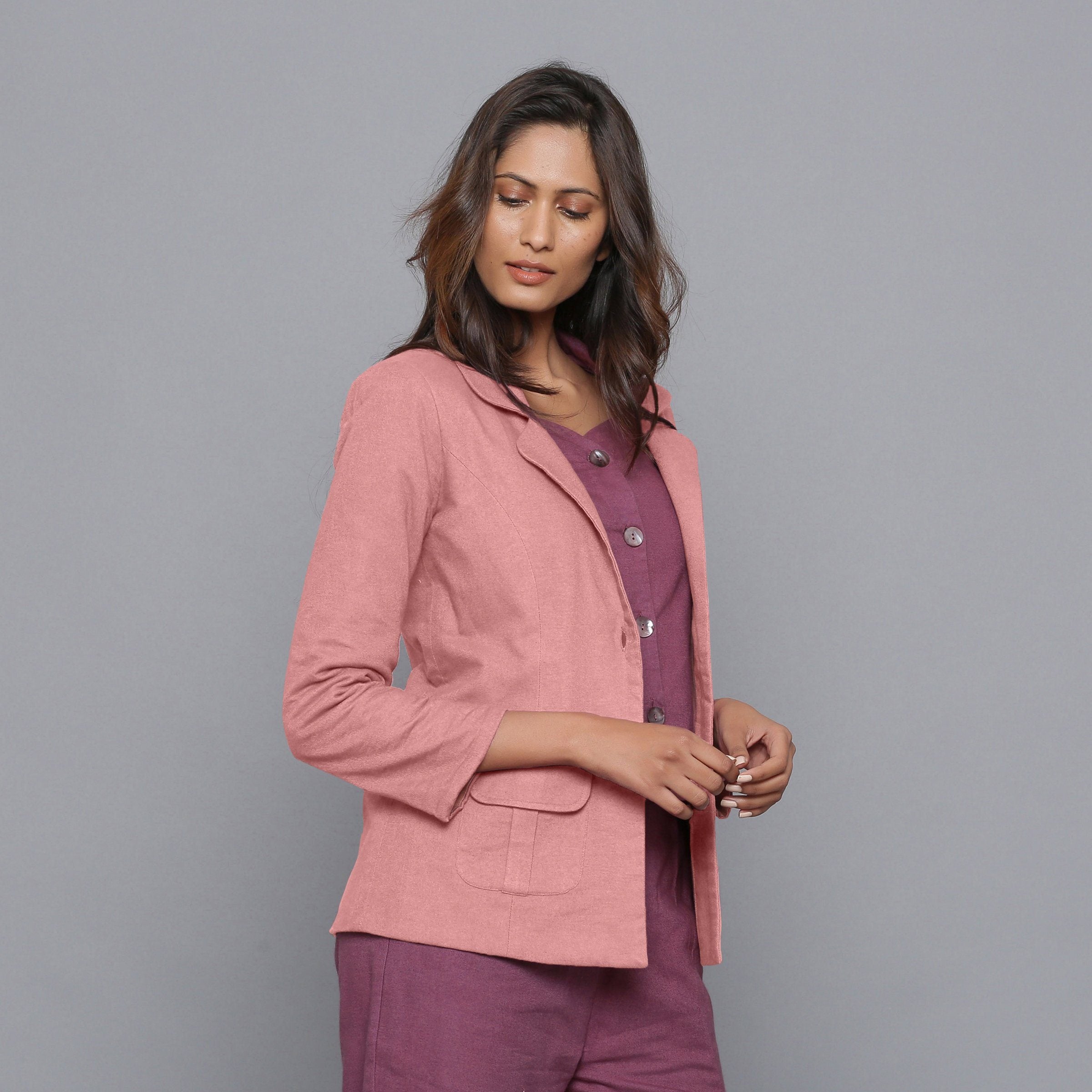 Right View of a Model wearing English Rose Slim Fit Flannel Blazer