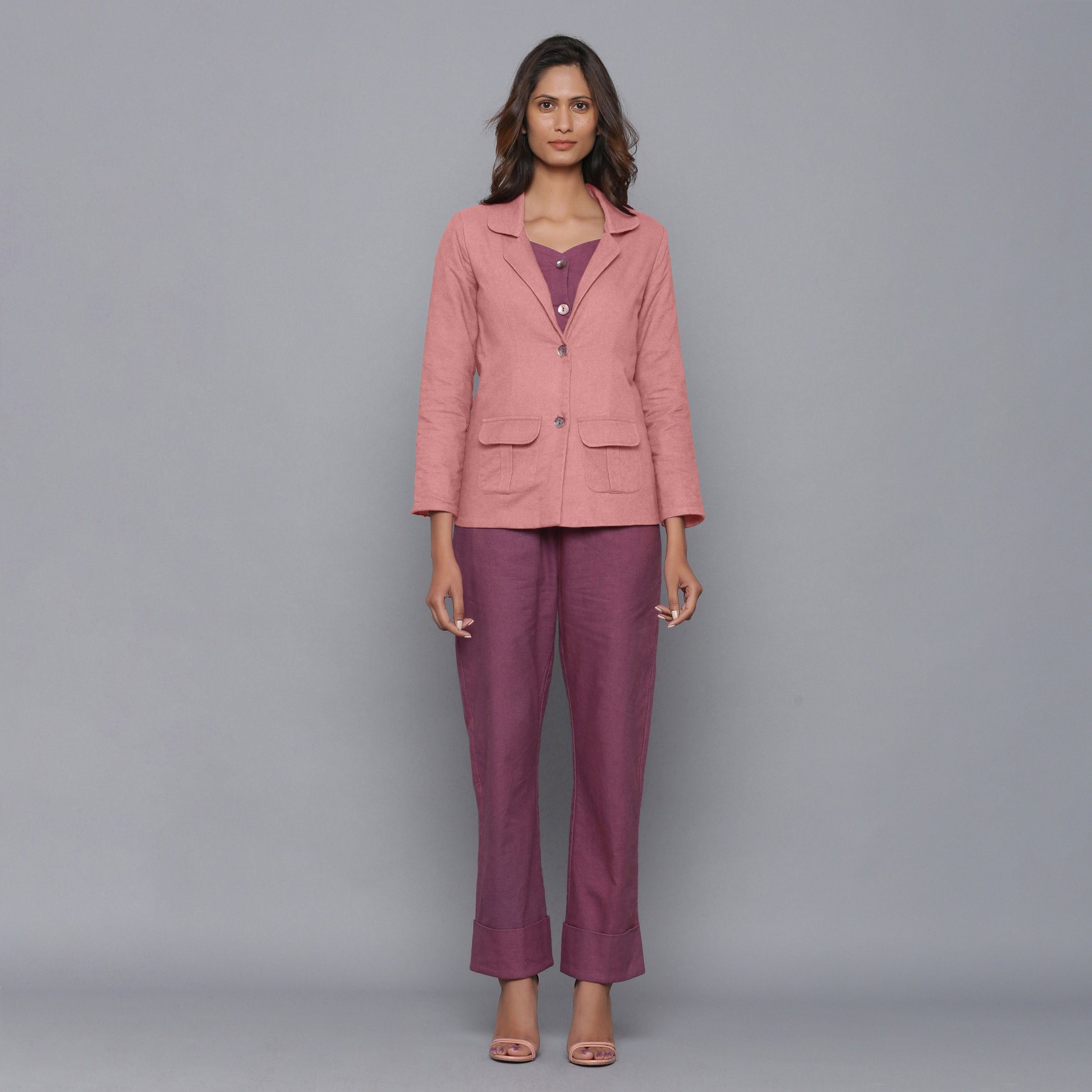 Front View of a Model wearing English Rose Slim Fit Flannel Blazer