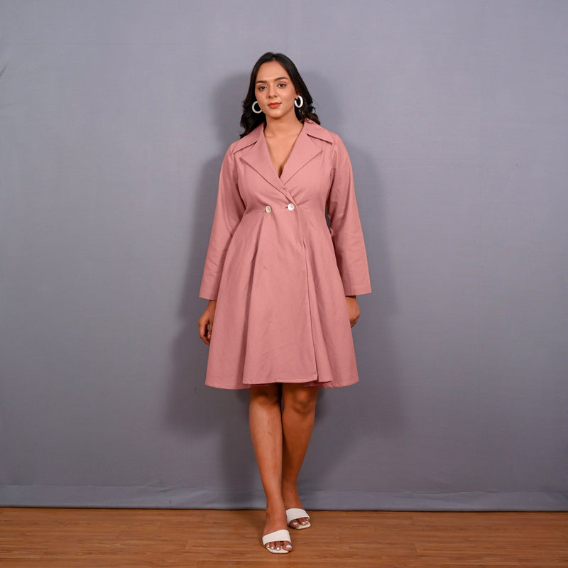 Front View of a Model wearing English Rose Warm Cotton Flannel Fit and Flare Knee Length Blazer Dress