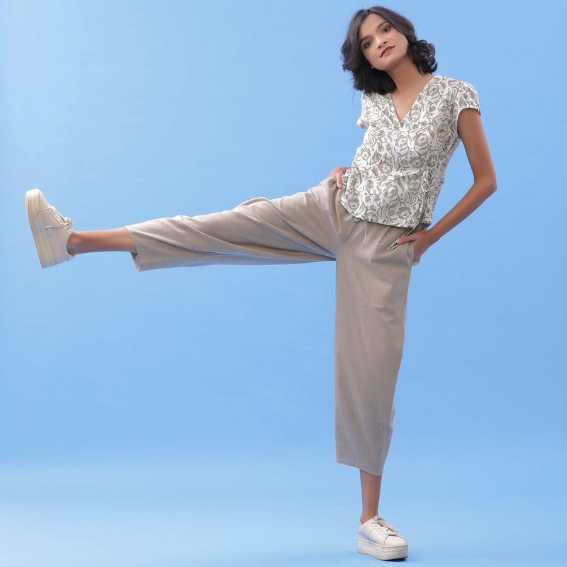 Front View of a Model wearing Essential Beige Cotton Paneled Pant