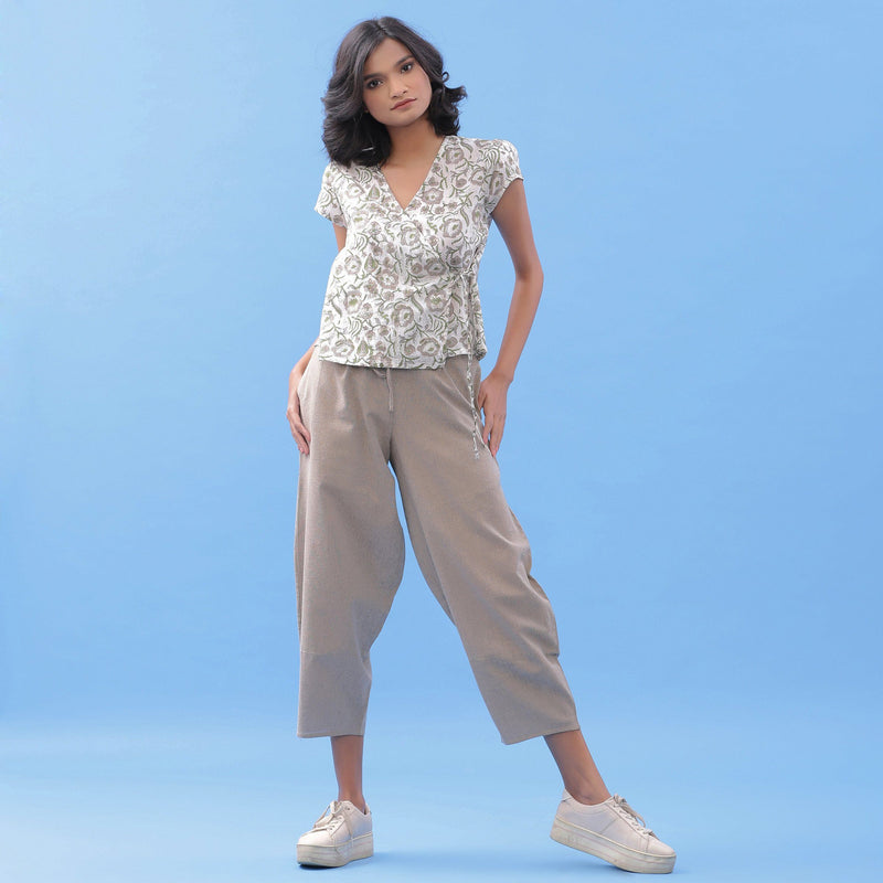 Front View of a Model wearing Essential Beige Cotton Paneled Pant