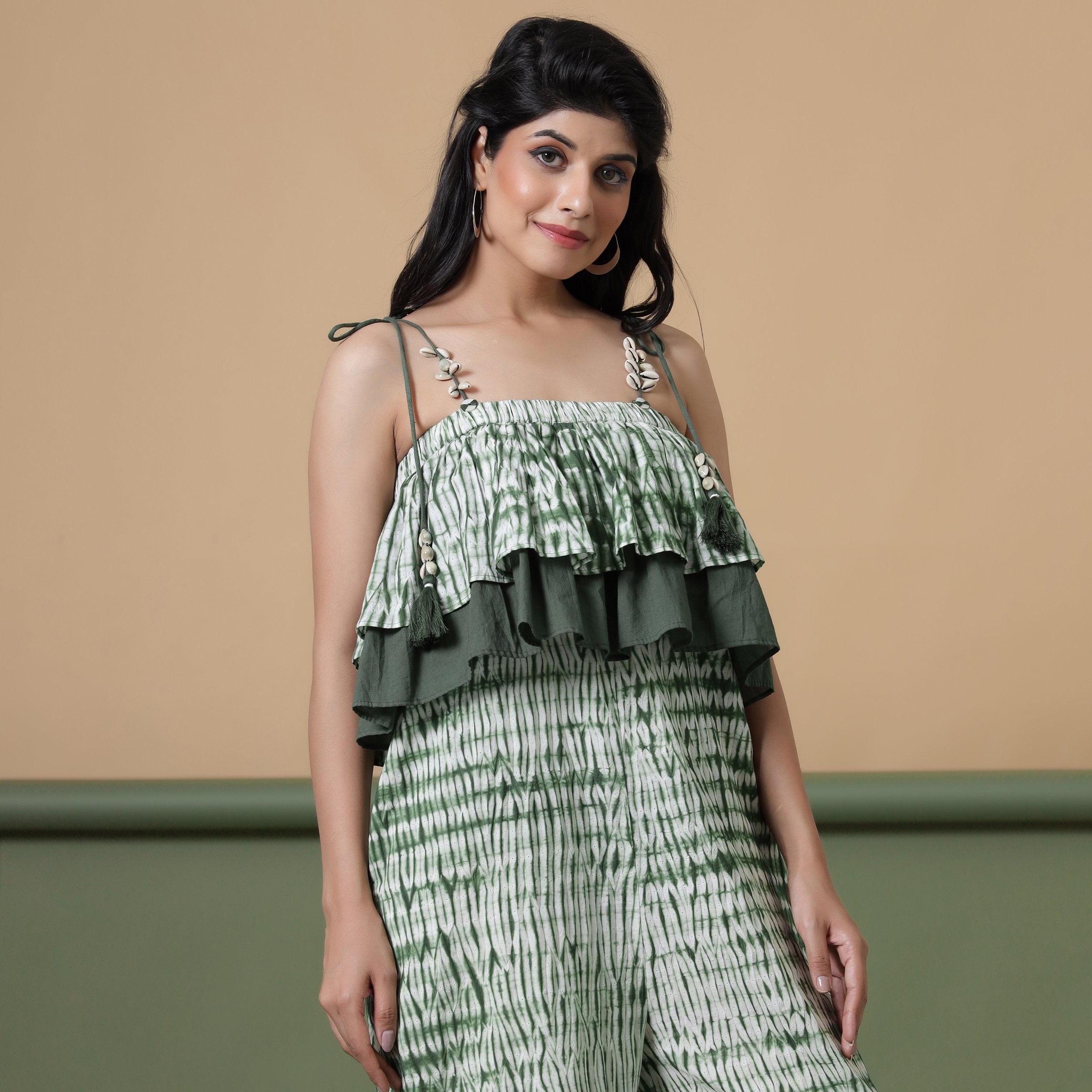 Front View of a Model wearing Forest Green Tie-Dye Ankle Length Cotton Camisole Jumpsuit