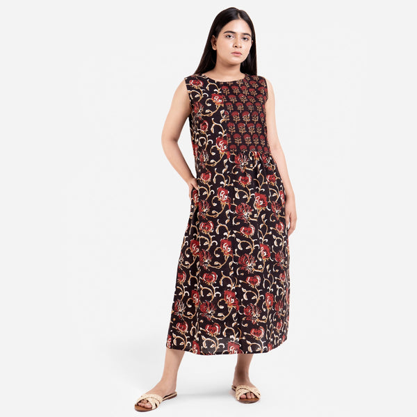 Front View of a Model wearing Black Floral Block Print Cotton Yoke Maxi Dress