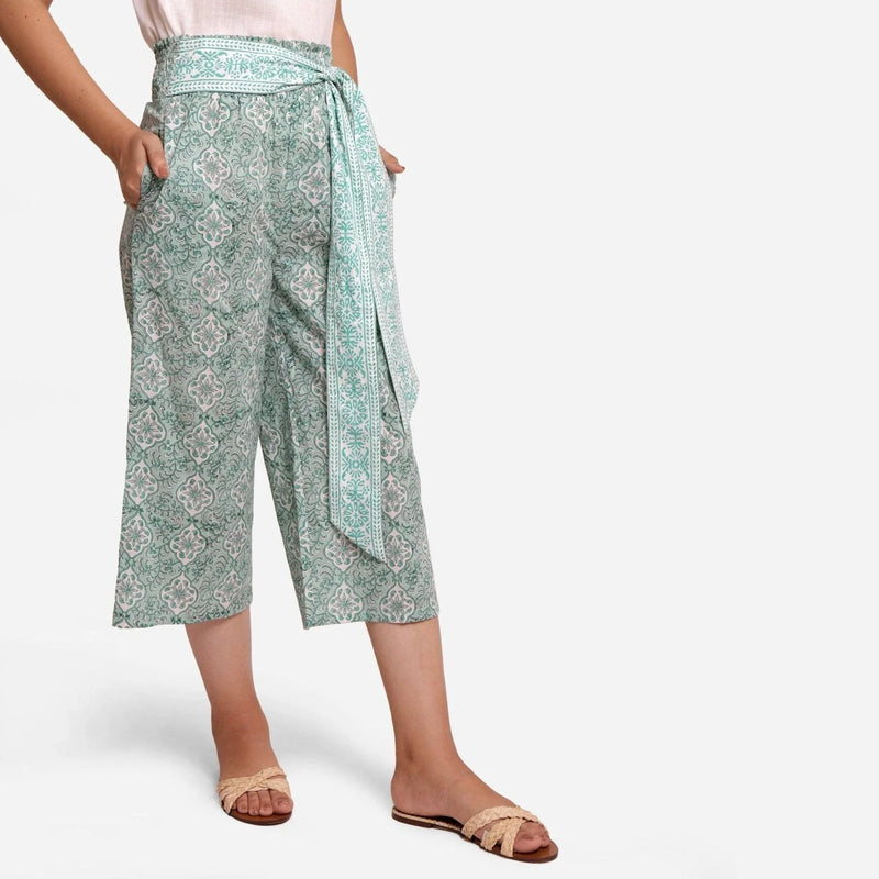 Right View of a Model wearing Sanganeri Block Print Mint Green Pant