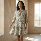 Floral Block Printed Cotton Short Shirt Dress