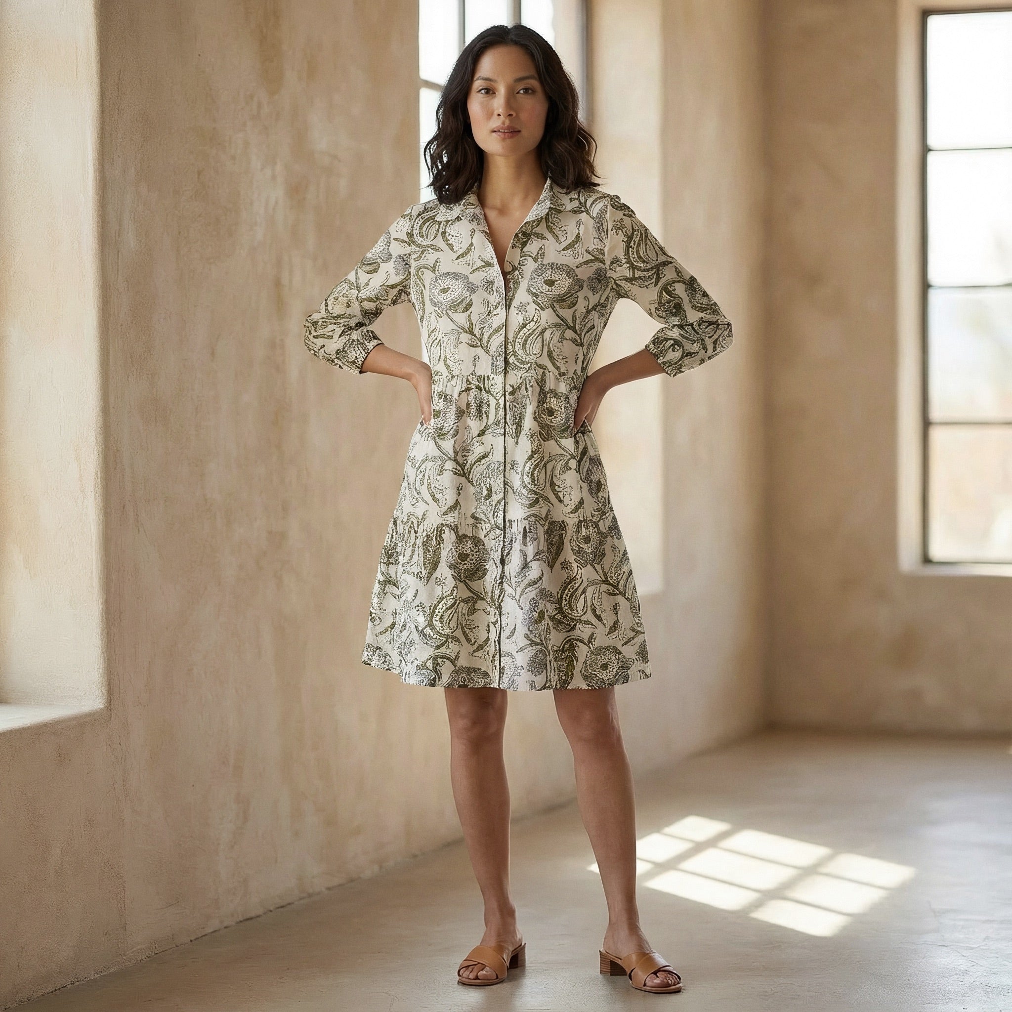 Floral Block Printed Cotton Short Shirt Dress