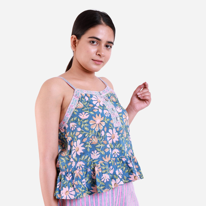 Right View of a Model wearing Blue Floral Block Print Frilled Cotton Camisole Top