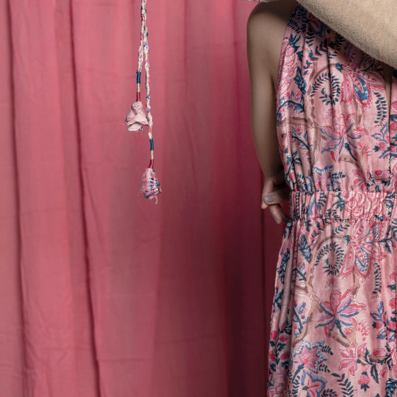Close View of a Model wearing Pink Cotton Chanderi Block Printed Ankle Length Jumpsuit